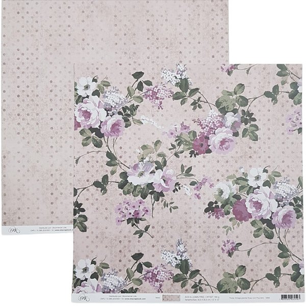 Folha Scrapbook Flores Vintage Grande Rosa com Poá retro 5665 OK Scrapbook