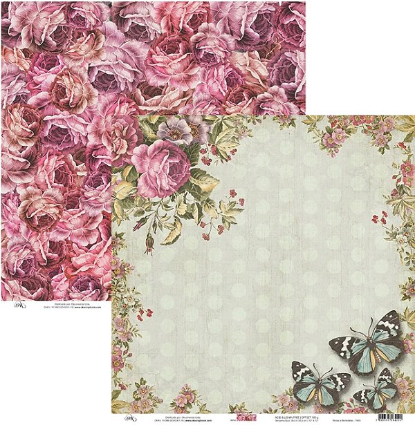 Folha Scrapbook Rosas e Borboletas 7655 OK Scrapbook