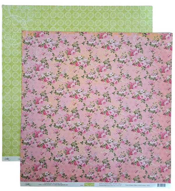 Folha Scrapbook Flores Vintage e Básico Verde Europeu 6045 OK Scrapbook