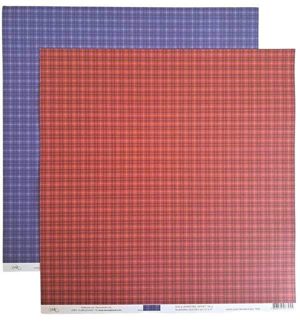 Folha Scrapbook Xadrez Junino Vermelho e Azul 6036 OK Scrapbook