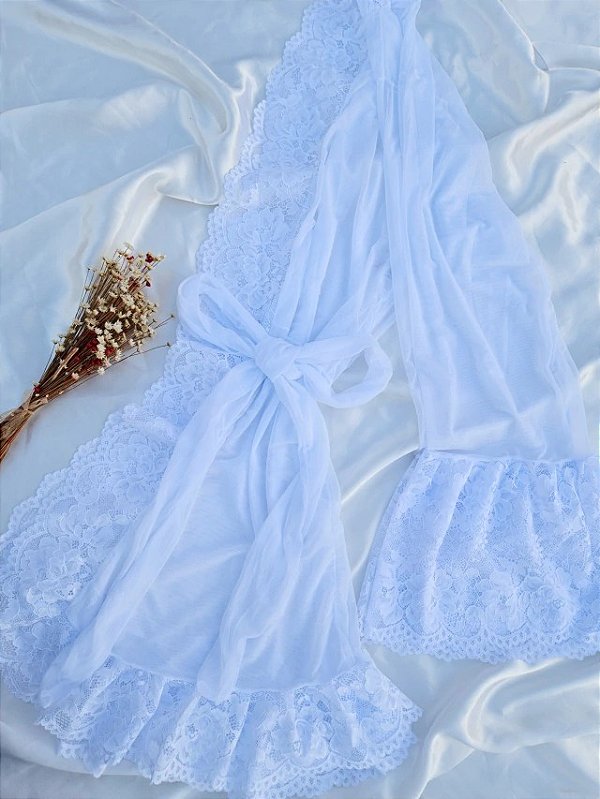 ROBE EM TULE LISO COM RENDA CATIUSCIA BRANCO