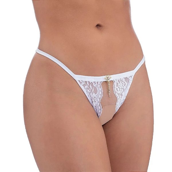 CALCINHA EM RENDA COM ABERTURA SENSUAL E PINGENTE