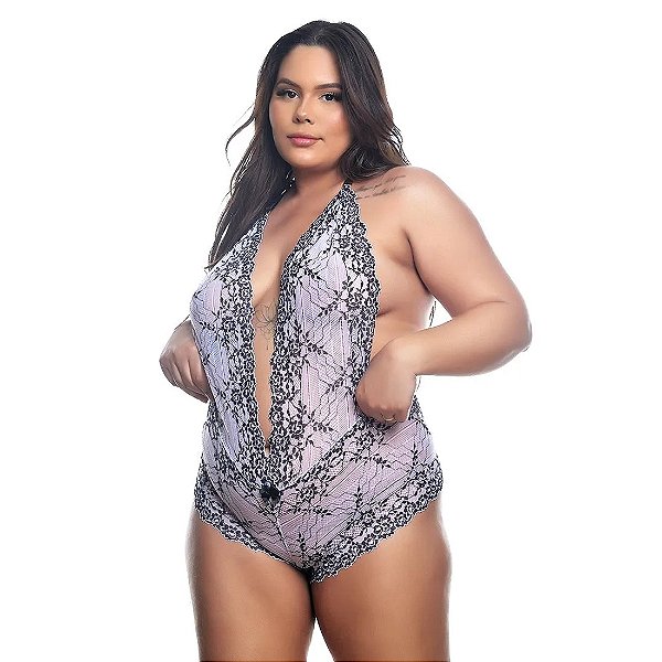 BODY EM RENDA BICOLOR BRANCO COM PRETO PLUS SIZE