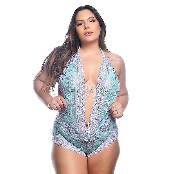 BODY EM RENDA BICOLOR VERDE AGUA COM LILAS PLUS SIZE