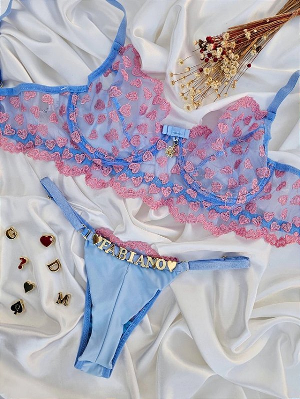 CONJUNTO PERSONALIZAVEL FIO DUPLO EM TULE COM CORAÇÃO AZUL COM ROSA