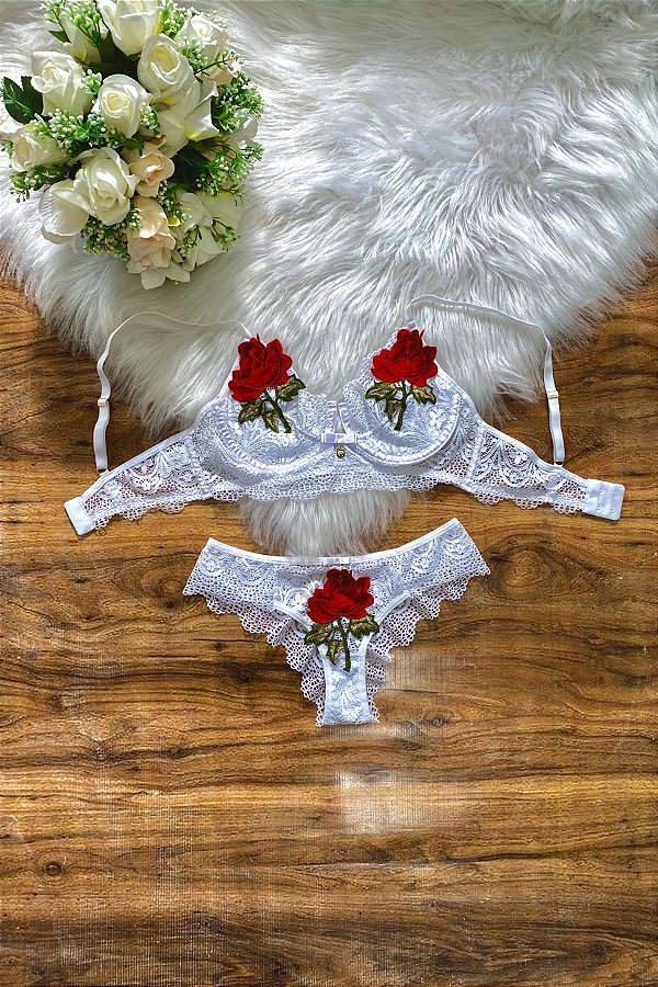 CONJUNTO LUXO MEIA TAÇA RENDADO FLORES RARAS BRANCO