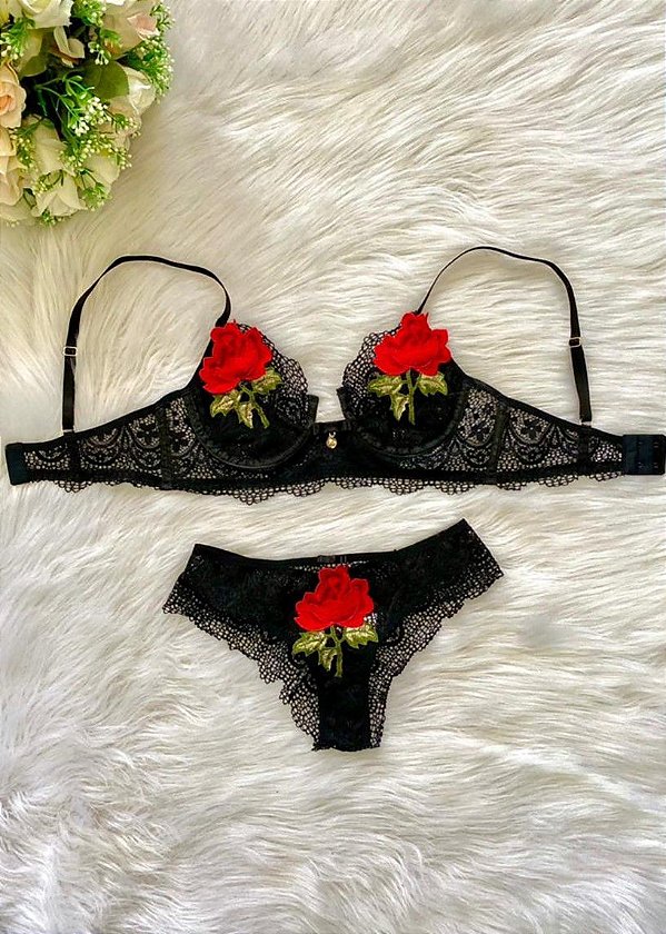 CONJUNTO LUXO MEIA TAÇA RENDADO FLORES RARAS PRETO