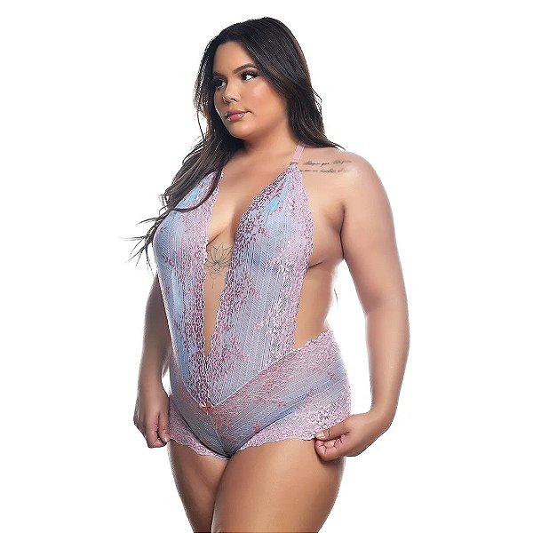 BODY EM RENDA BICOLOR AZUL CLARO COM ROSA CLARO PLUS SIZE