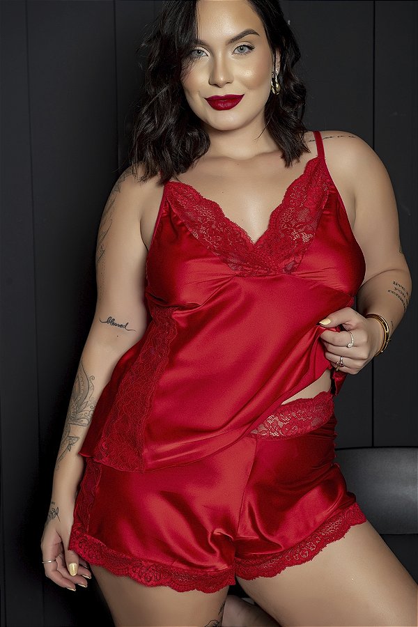 BABY DOLL LUXO EM CETIM E RENDA VERMELHO