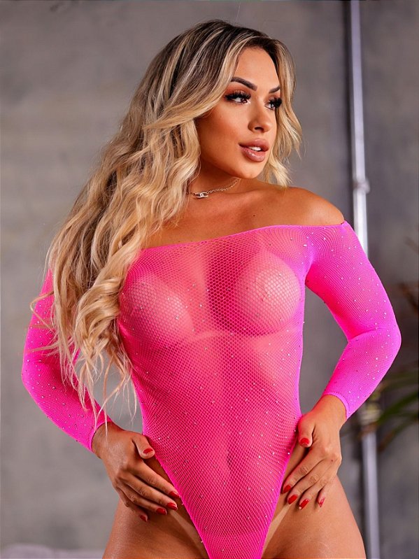 BODY MANGA LONGA ARRASTÃO COM STRASS PINK YAFFA