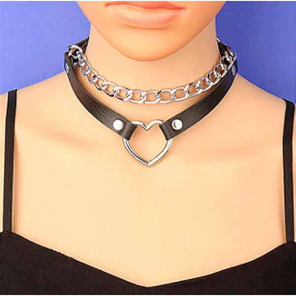 COLEIRA CHOCKER COM CORAÇÃO E CORRENTE