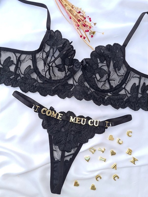 CONJUNTO PERSONALIZAVEL FIO BORBOLETA EM TULE COM PETALA PRETO