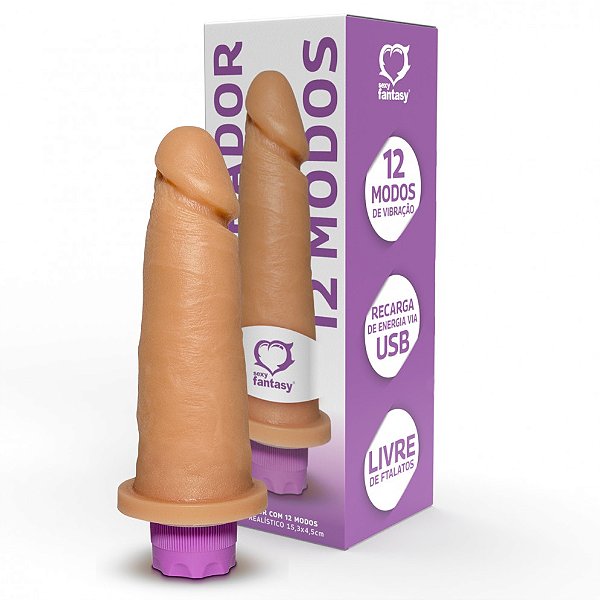 PÊNIS COM VIBRADOR 12 MODOS RECARREGAVEL 15,3 X 4,5 CM SEXY FANTASY