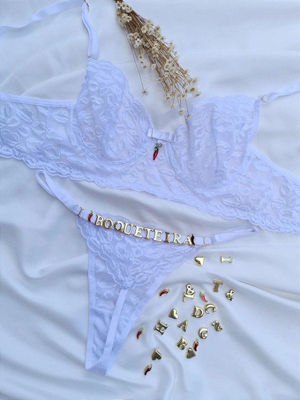 CONJUNTO PERSONALIZAVEL FIO BORBOLETA EM TULE DE BEIJO BRANCO