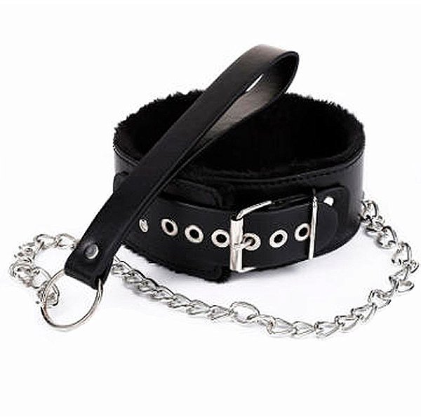 COLEIRA COM PELÚCIA E GUIA COM CORRENTE