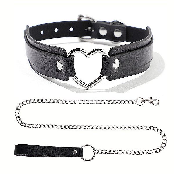 COLEIRA CHOKER DE CORAÇÃO COM GUIA DE CORRENTE