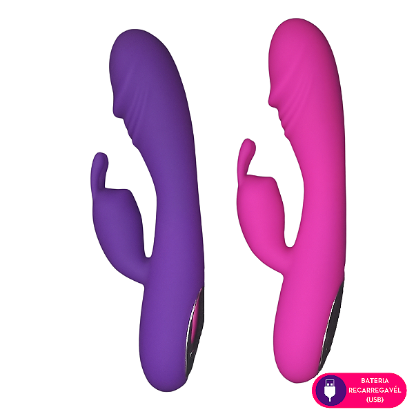 VIBRADOR DUPLO PONTO G E CLITORIS FORMATO GLANDE E RABBIT RECARREGAVEL