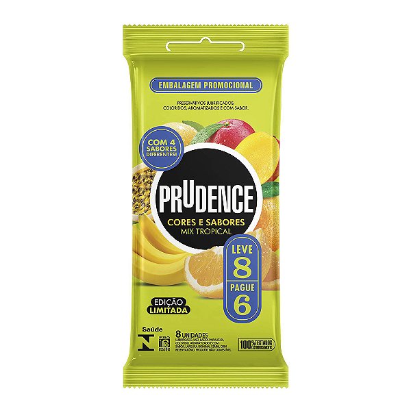 PRESERVATIVOS CORES E SABORES MIX TROPICAL LEVE 8 PAGUE 6 UNIDADES PRUDENCE