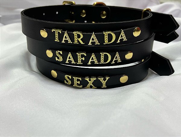 COLEIRA COM ESCRITAS EM COURO LUXO COM DOURADO