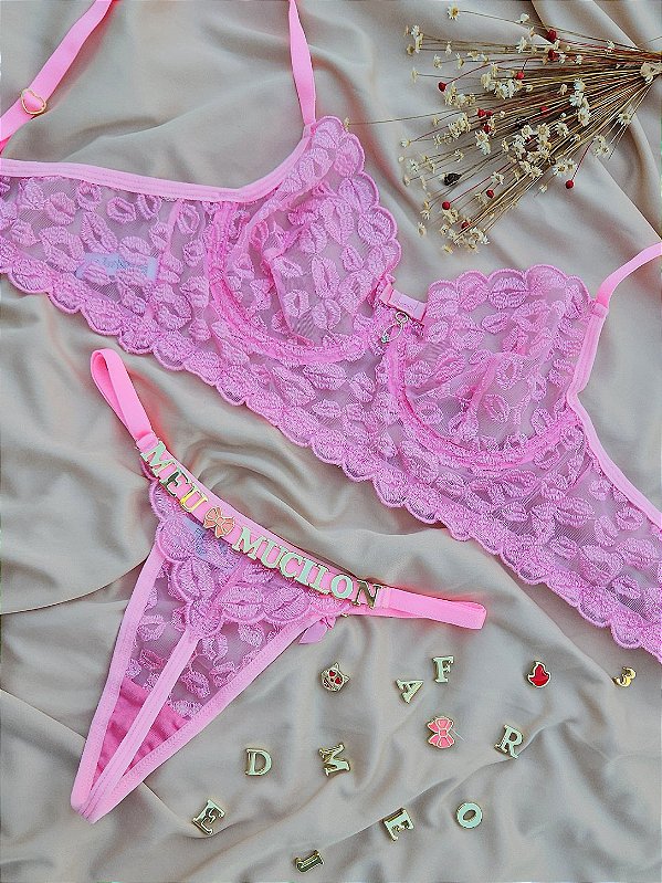 CONJUNTO PERSONALIZAVEL FIO BORBOLETA EM TULE DE BEIJO ROSA HERA