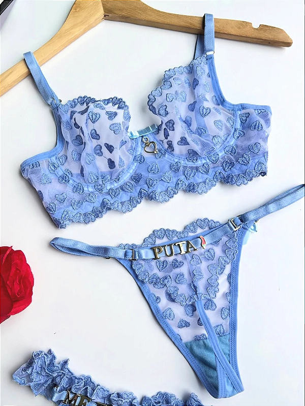 CONJUNTO PERSONALIZAVEL FIO BORBOLETA EM TULE COM CORAÇÃO AZUL MISTICO