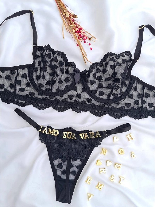 CONJUNTO PERSONALIZAVEL FIO BORBOLETA EM TULE COM CORAÇÃO PRETO