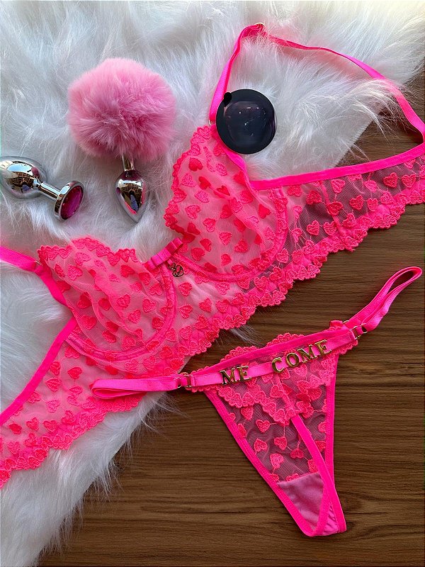 CONJUNTO PERSONALIZAVEL FIO BORBOLETA EM TULE COM CORAÇÃO ROSA NEON