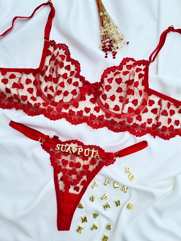 CONJUNTO PERSONALIZAVEL FIO BORBOLETA EM TULE ILUSION COM CORAÇÃO VERMELHO