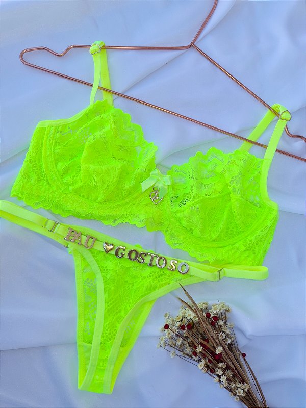 CONJUNTO PERSONALIZAVEL EM RENDA AMARELO NEON