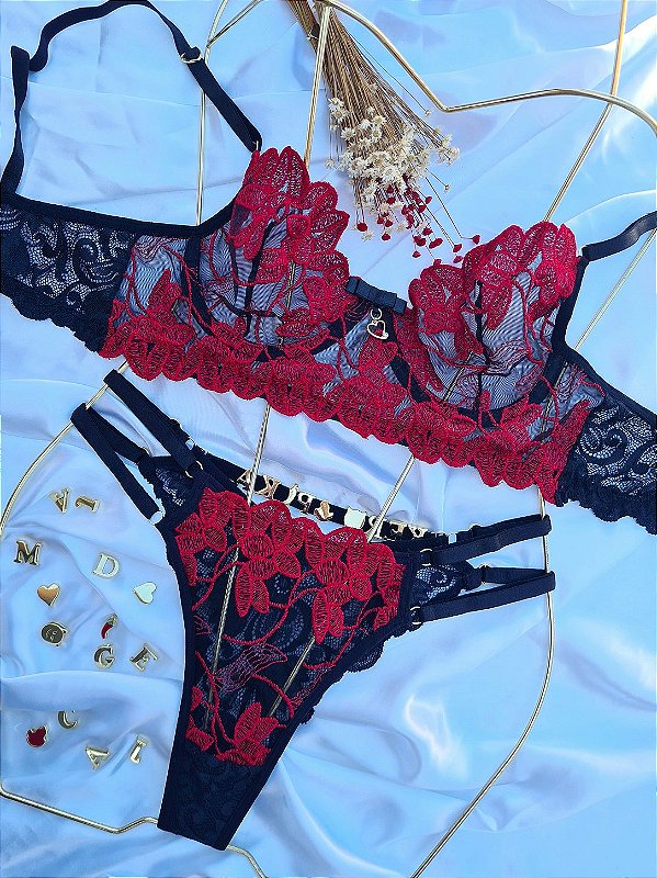 CONJUNTO PERSONALIZAVEL REGULAGEM DUPLA EM RENDA E TULE ILUSION COM PETALA PRETO COM VERMELHO
