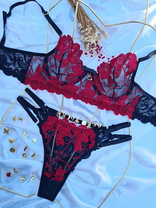 CONJUNTO PERSONALIZAVEL REGULAGEM DUPLA EM RENDA E TULE ILUSION COM PETALA PRETO COM VERMELHO