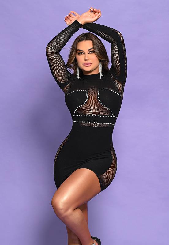 VESTIDO LUXO COM MANGAS E DETALHES EM STRASS Y2155