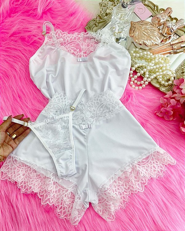 BABY DOLL LUXO ENCANTO + CALCINHA "BRANCO LISO"