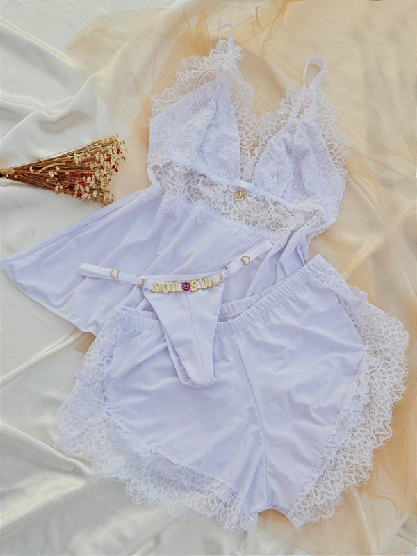 BABY DOLL LORENA COM CALCINHA PERSONALIZAVEL BRANCO