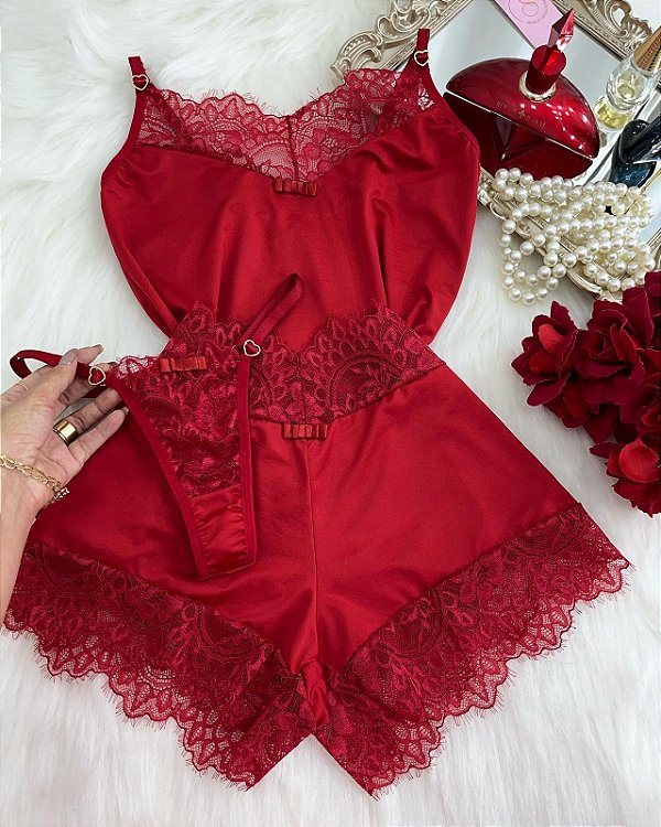 BABY DOLL LUXO ENCANTO + CALCINHA "VERMELHO LISO"