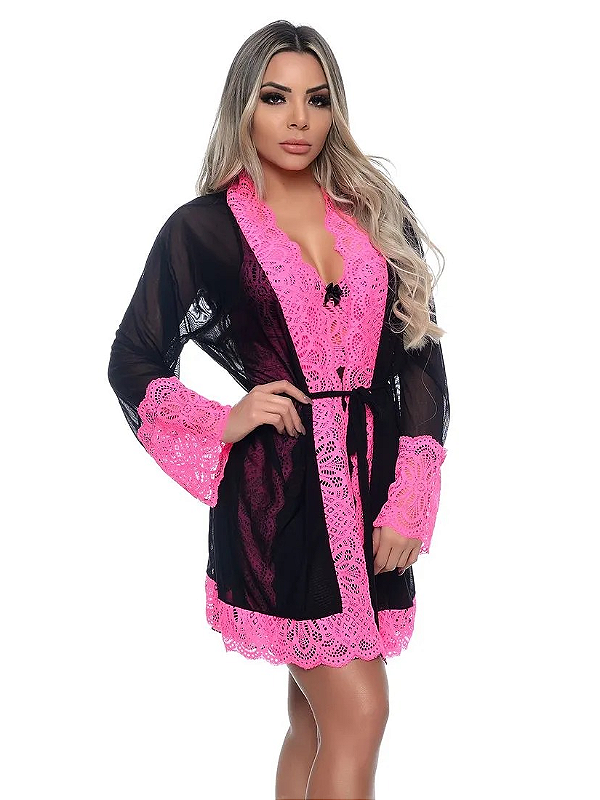 ROBE EM TULE PRETO COM DETALHES EM RENDA ROSA NEON