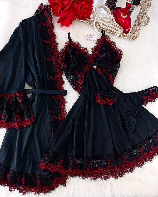 KIT LUXO ROBE + CAMISOLA + CALCINHA "PRETO COM VERMELHO"