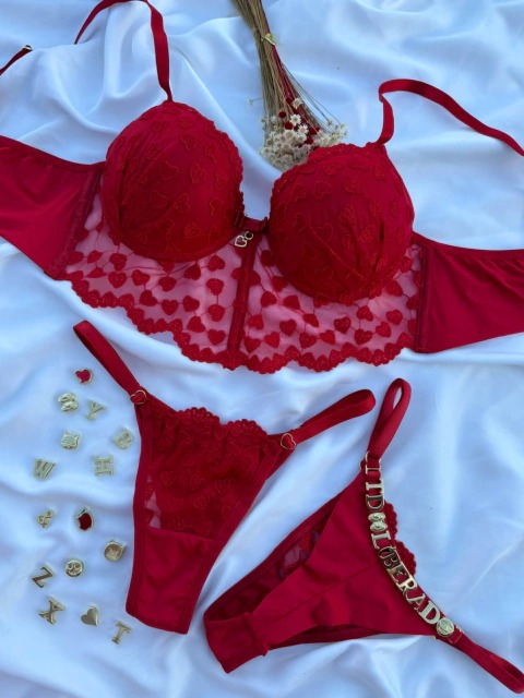 CONJUNTO PERSONALIZAVEL CROPPED TULE BORDADO CORAÇÃO VERMELHO