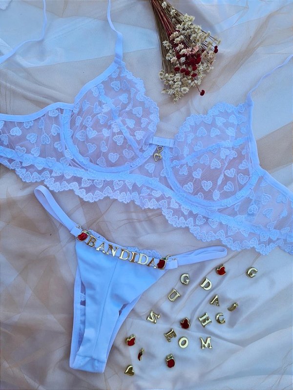 CONJUNTO PERSONALIZAVEL FIO DUPLO EM TULE COM CORAÇÃO BRANCO