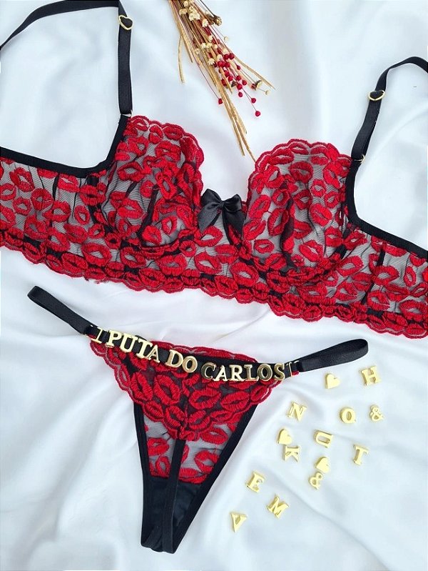 CONJUNTO PERSONALIZAVEL FIO BORBOLETA EM TULE DE BEIJO PRETO COM VERMELHO