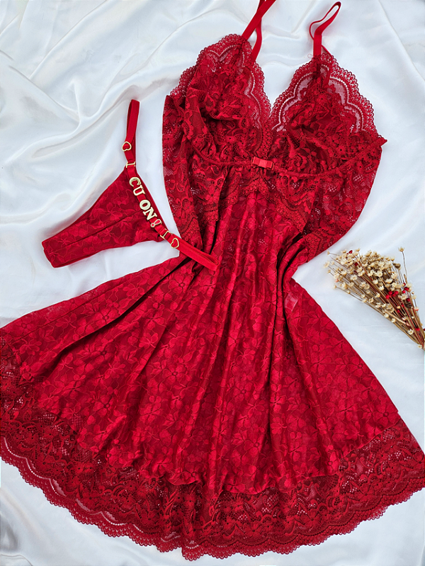 CAMISOLA RENDA FLORAL + FIO PERSONALIZAVEL VERMELHO