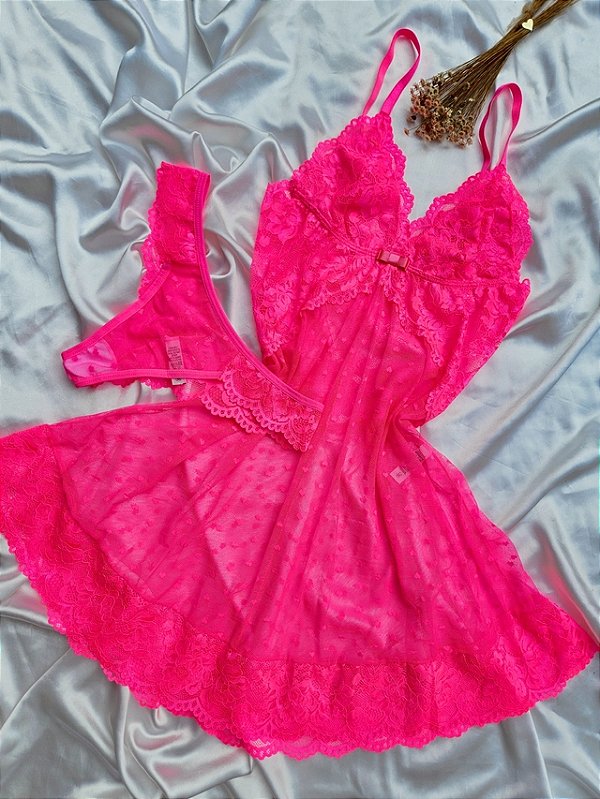 CAMISOLA EM TULE POA CORAÇÃO E RENDA ROSA NEON