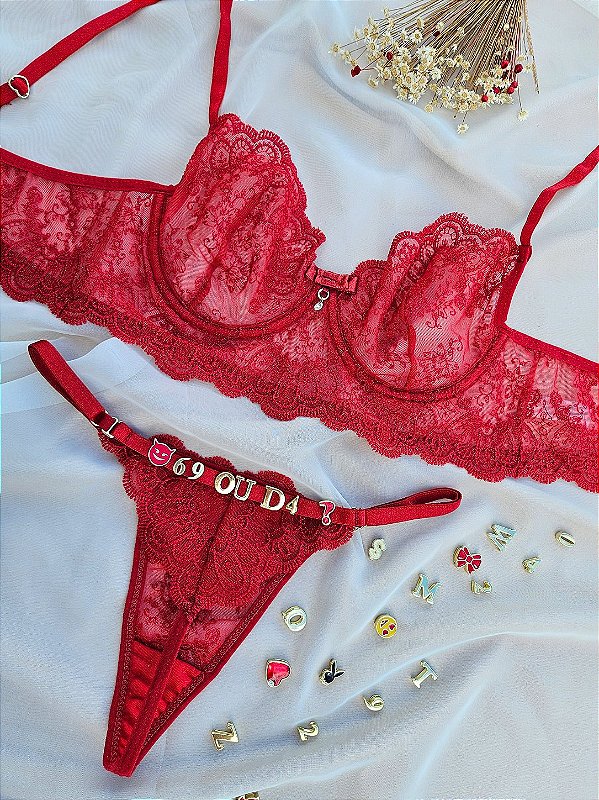 CONJUNTO PERSONALIZAVEL FIO BORBOLETA EM TULE CHANTILLY VERMELHO