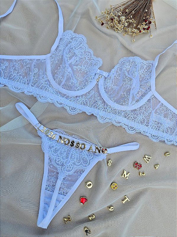 CONJUNTO PERSONALIZAVEL FIO BORBOLETA EM TULE CHANTILLY BRANCO