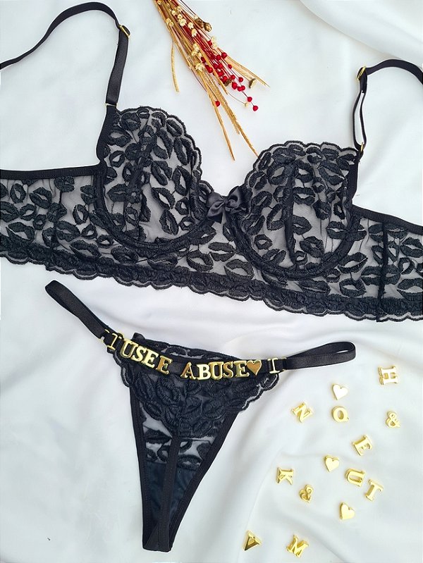 CONJUNTO PERSONALIZAVEL FIO BORBOLETA EM TULE DE BEIJO PRETO