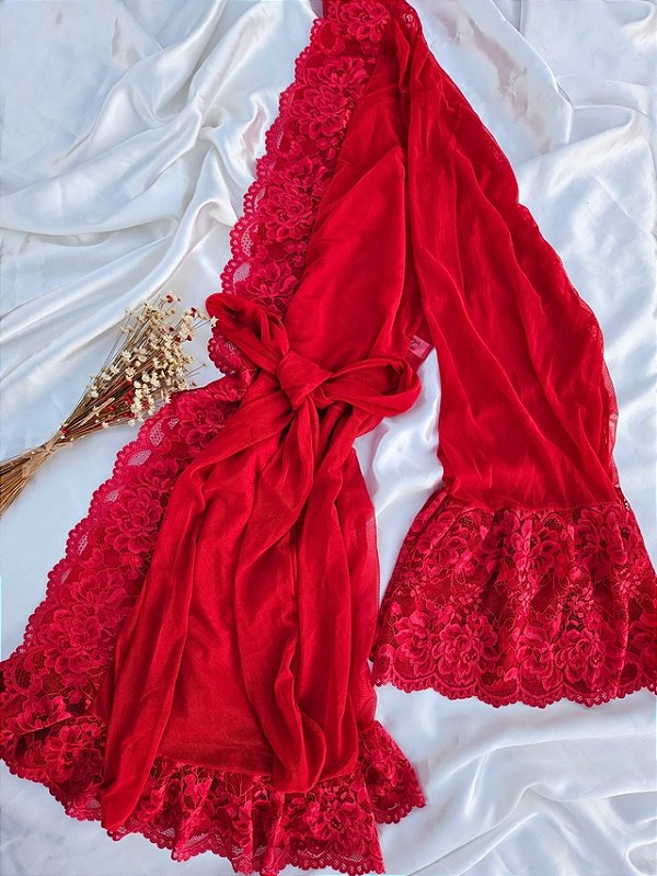 ROBE EM TULE LISO COM RENDA CATIUSCIA VERMELHO