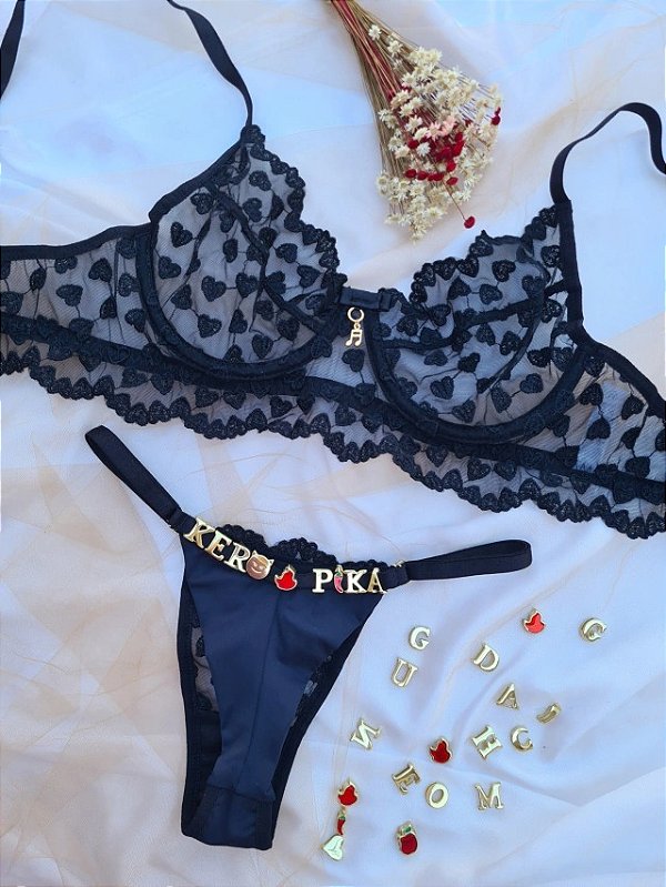 CONJUNTO PERSONALIZAVEL FIO DUPLO EM TULE COM CORAÇÃO PRETO