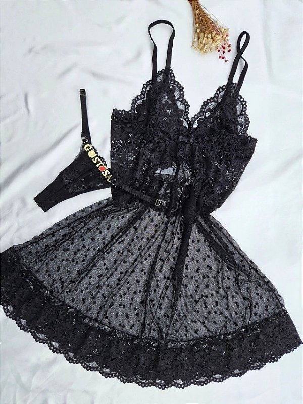 CAMISOLA EM TULE POA CORAÇÃO E RENDA + FIO PERSONALIZAVEL PRETO
