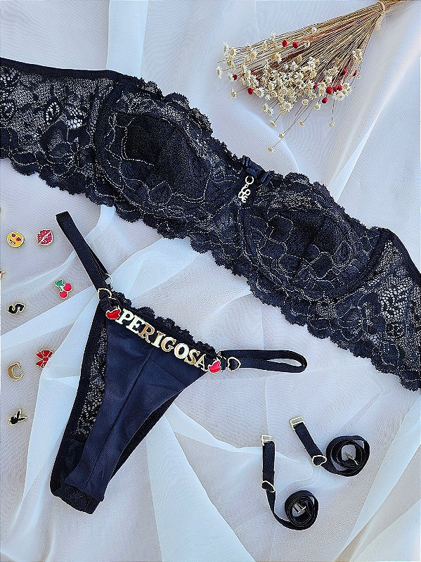 CONJUNTO PERSONALIZAVEL TOMARA QUE CAIA EM RENDA PRETO