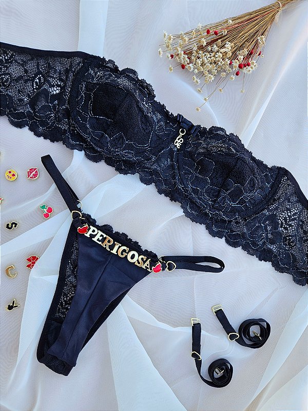 CONJUNTO PERSONALIZAVEL TOMARA QUE CAIA EM RENDA PRETO